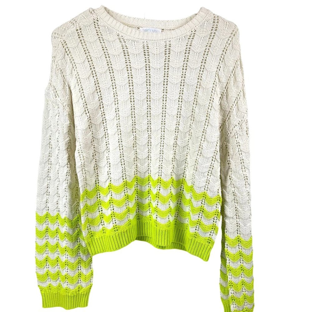 Abound Ivory Green Chevron Stripe Crew Neck Open Weave Knit Sweater Size Medium